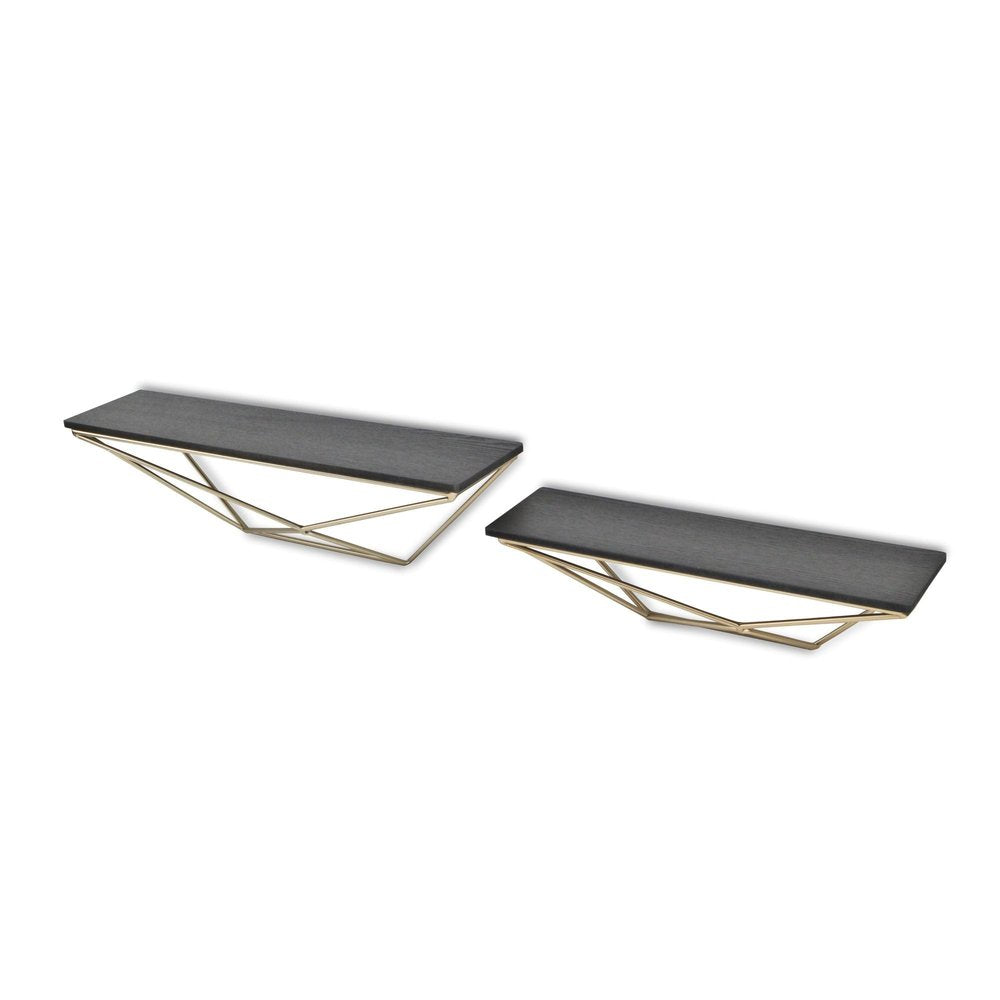 Set Of Two Black And Gold Wood And Metal Modern Wall Mounted Accent Shelves HomeRoots