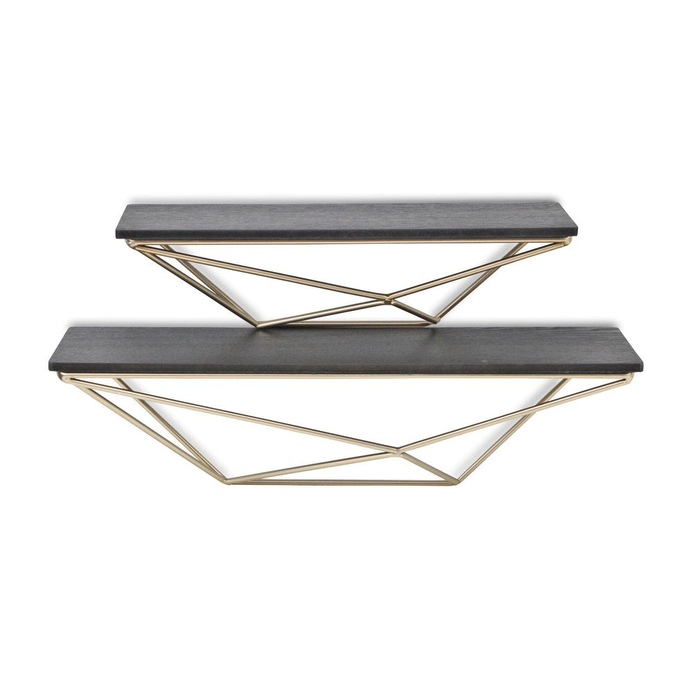 Set Of Two Black And Gold Wood And Metal Modern Wall Mounted Accent Shelves HomeRoots