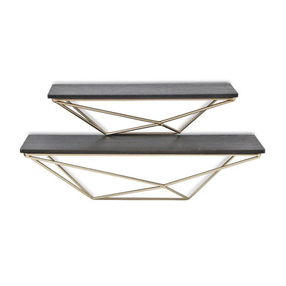 Set Of Two Black And Gold Wood And Metal Modern Wall Mounted Accent Shelves HomeRoots