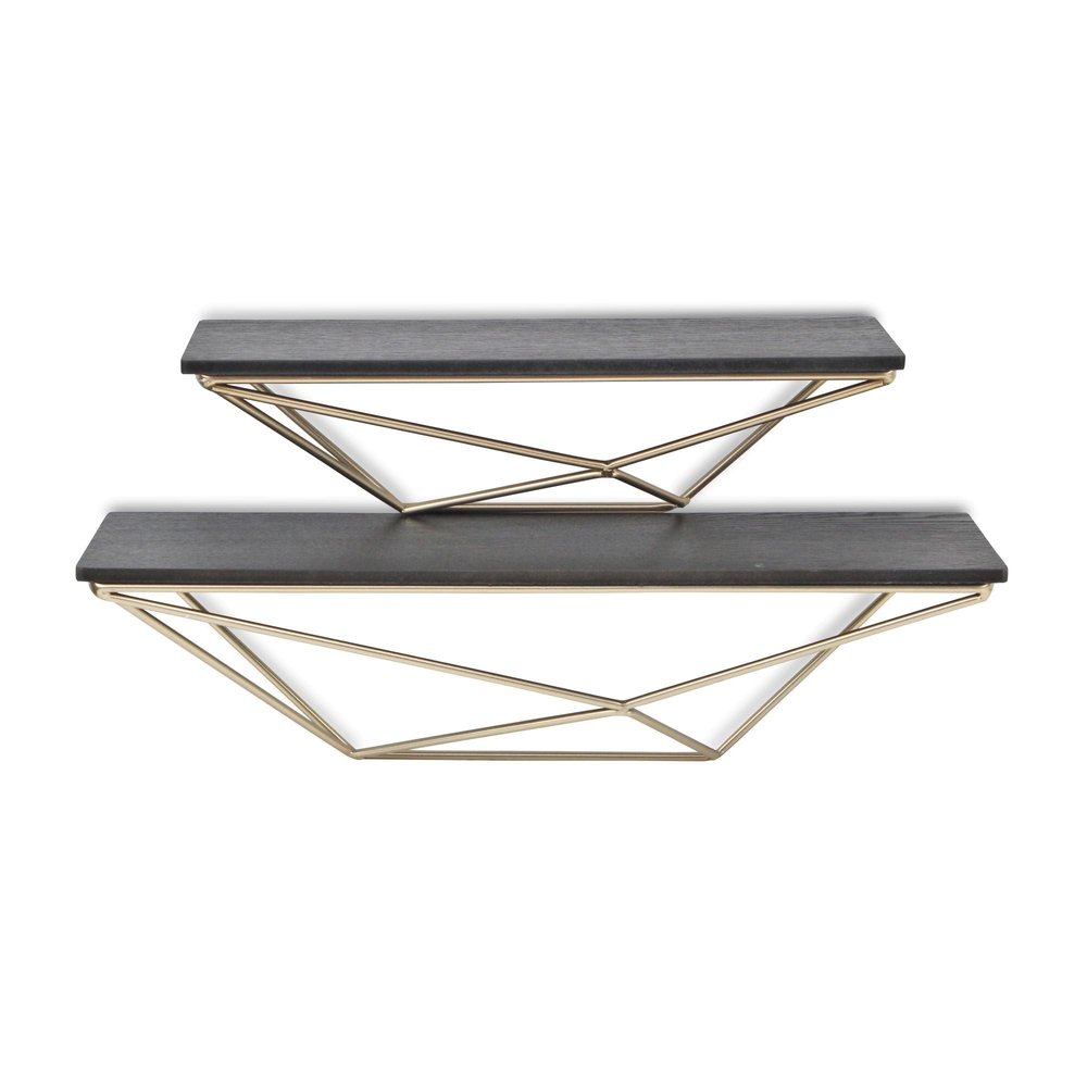 Set Of Two Black And Gold Wood And Metal Modern Wall Mounted Accent Shelves HomeRoots