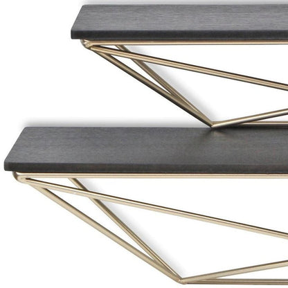 Set Of Two Black And Gold Wood And Metal Modern Wall Mounted Accent Shelves HomeRoots