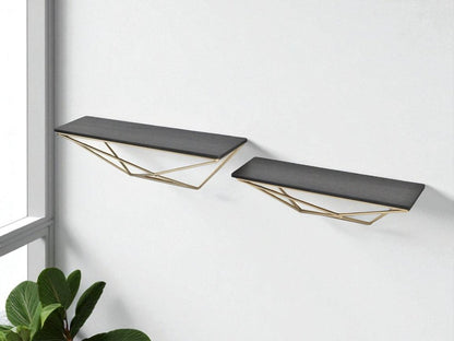 Set Of Two Black And Gold Wood And Metal Modern Wall Mounted Accent Shelves HomeRoots
