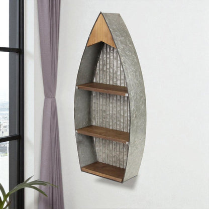 23" Brown And Gray Galvanized Metal And Wood Wall Mounted Boat Shelf HomeRoots