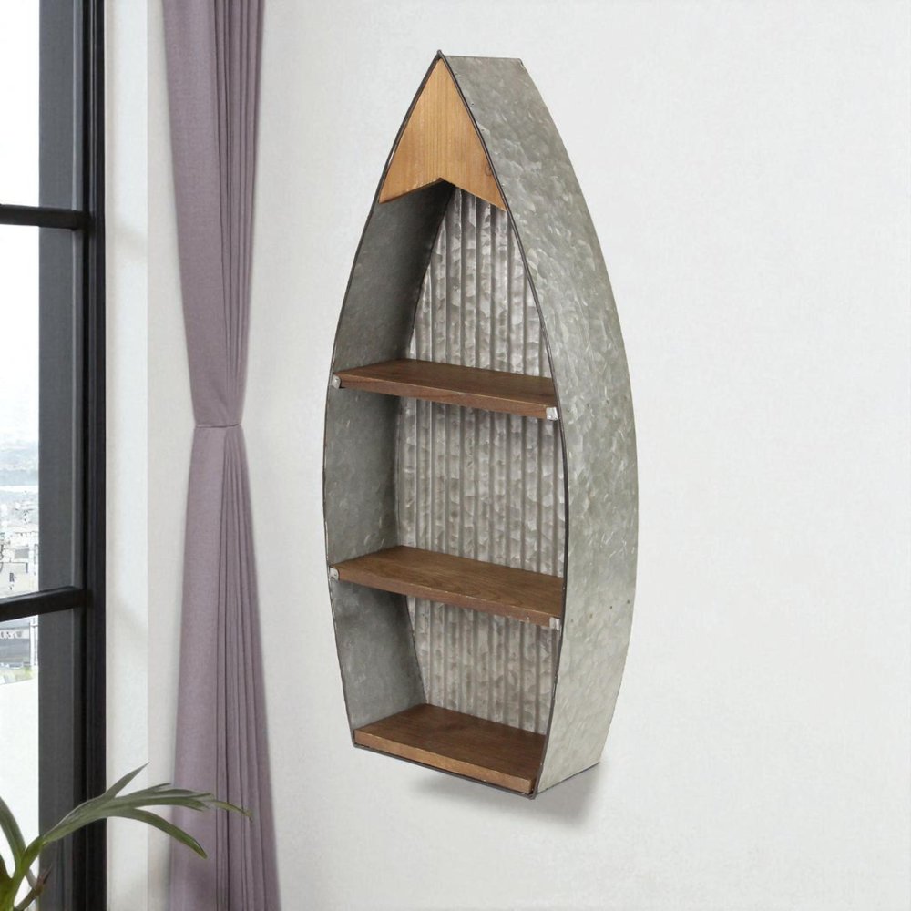 23" Brown And Gray Galvanized Metal And Wood Wall Mounted Boat Shelf HomeRoots