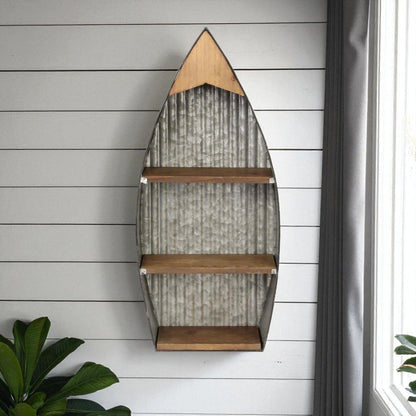 23" Brown And Gray Galvanized Metal And Wood Wall Mounted Boat Shelf HomeRoots