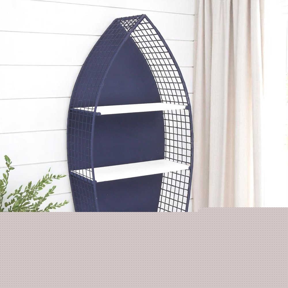 30" Navy Blue And White Metal and Wood Boat Shaped Bookcase