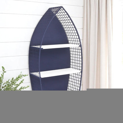 30" Navy Blue And White Metal and Wood Boat Shaped Bookcase