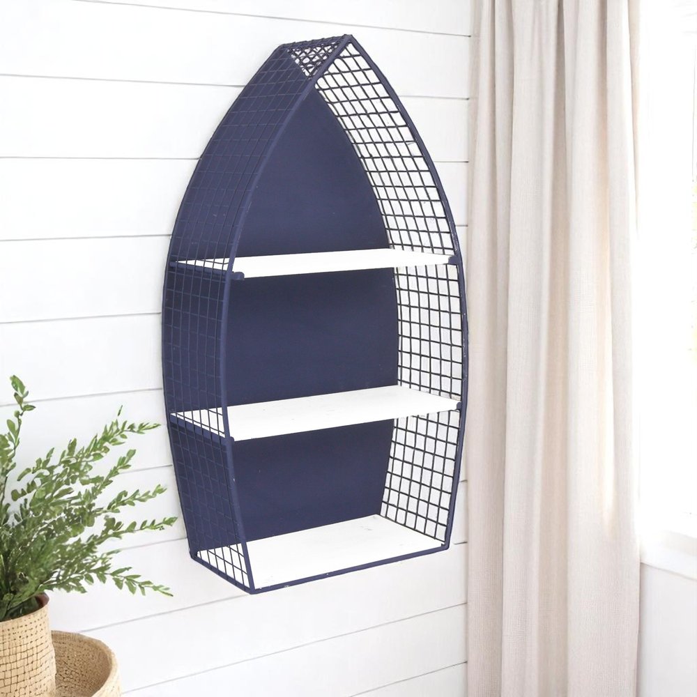 30" Navy Blue And White Metal and Wood Boat Shaped Bookcase HomeRoots
