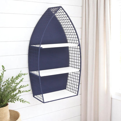 30" Navy Blue And White Metal and Wood Boat Shaped Bookcase HomeRoots