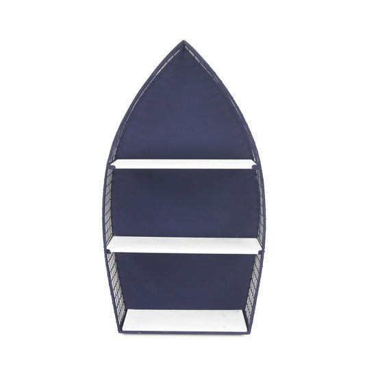 30" Navy Blue And White Metal and Wood Boat Shaped Bookcase