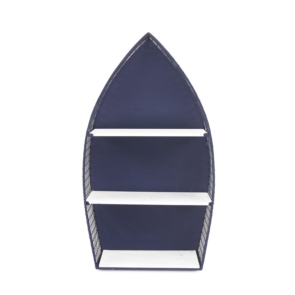 30" Navy Blue And White Metal and Wood Boat Shaped Bookcase HomeRoots