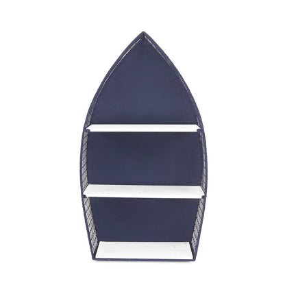 30" Navy Blue And White Metal and Wood Boat Shaped Bookcase HomeRoots