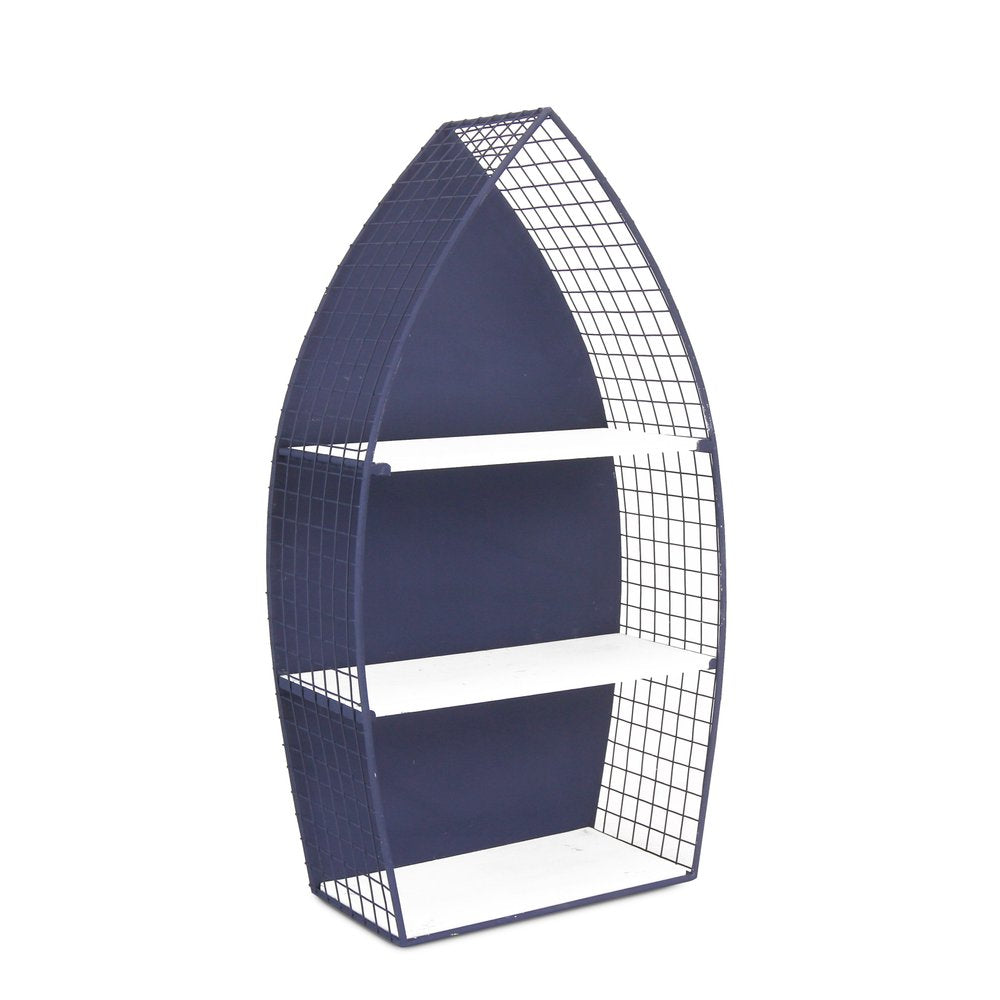 30" Navy Blue And White Metal and Wood Boat Shaped Bookcase