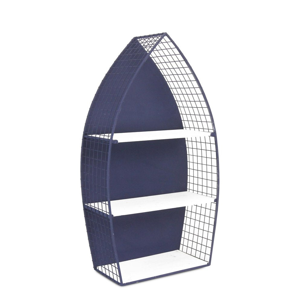 30" Navy Blue And White Metal and Wood Boat Shaped Bookcase HomeRoots
