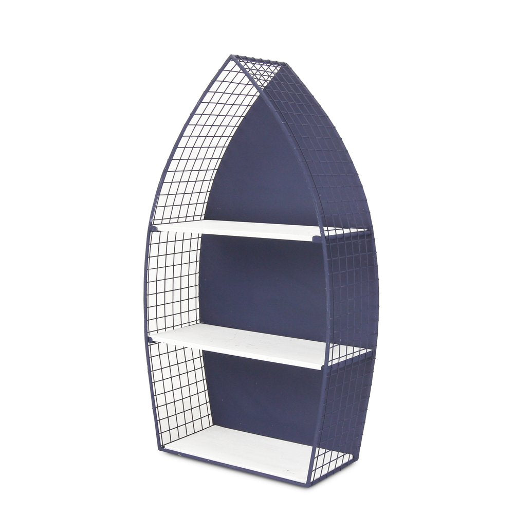 30" Navy Blue And White Metal and Wood Boat Shaped Bookcase HomeRoots