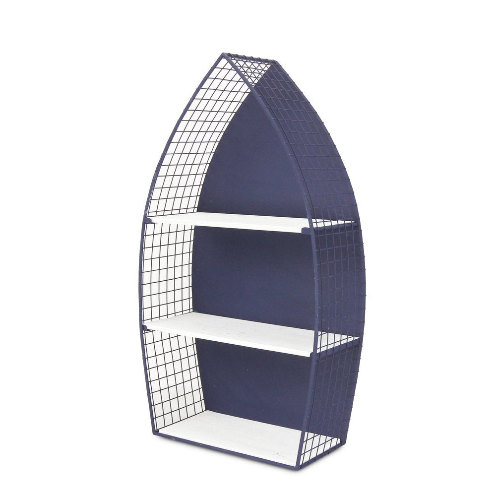 30" Navy Blue And White Metal and Wood Boat Shaped Bookcase HomeRoots