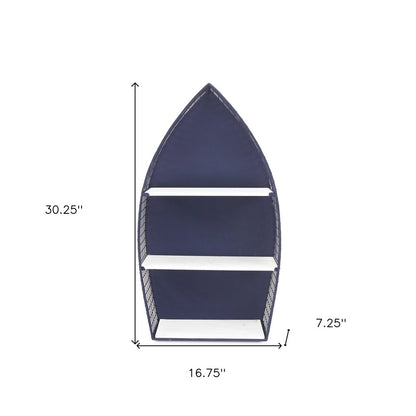 30" Navy Blue And White Metal and Wood Boat Shaped Bookcase