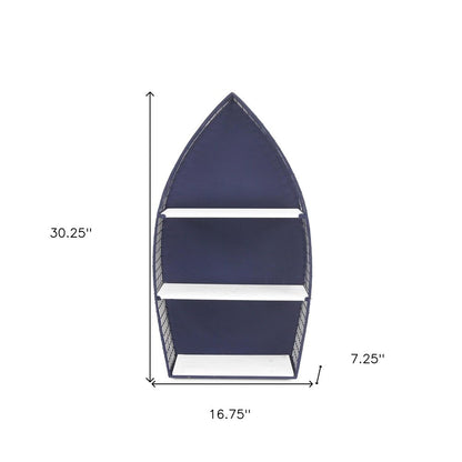 30" Navy Blue And White Metal and Wood Boat Shaped Bookcase