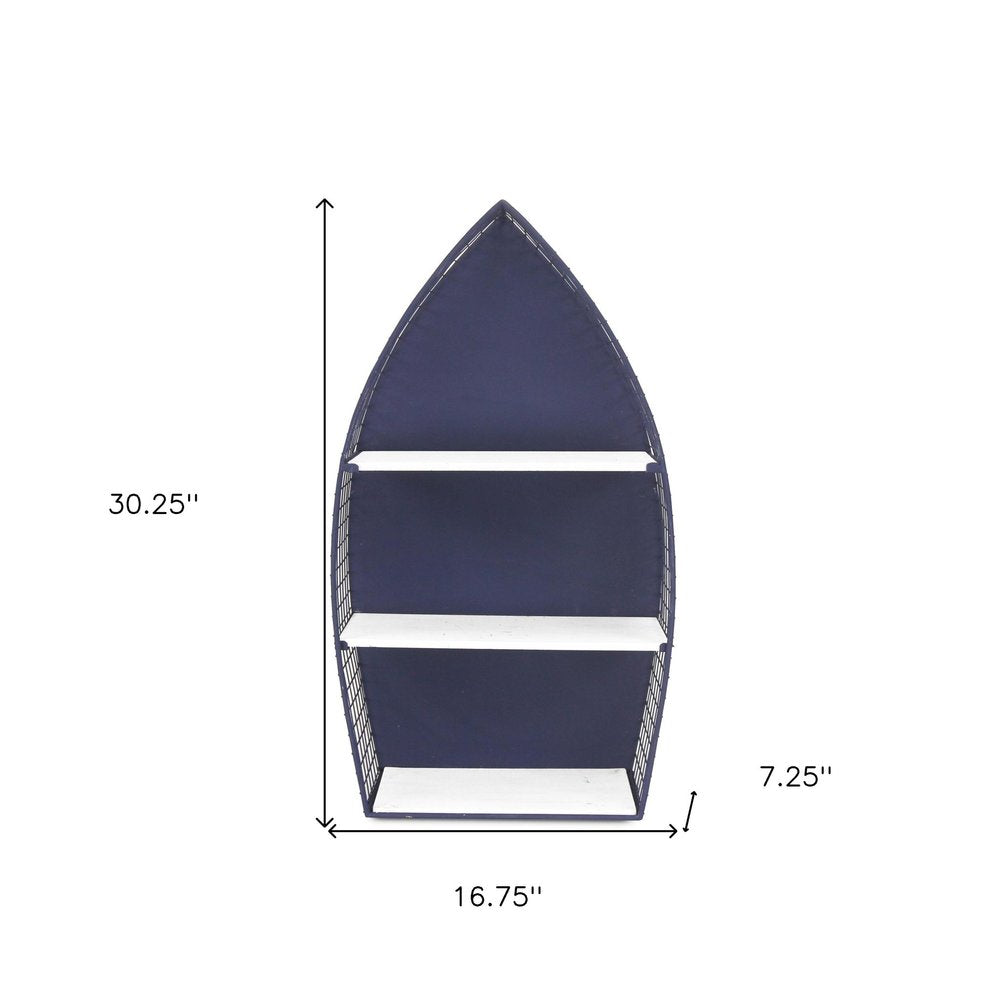 30" Navy Blue And White Metal and Wood Boat Shaped Bookcase HomeRoots