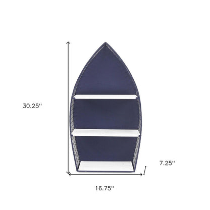 30" Navy Blue And White Metal and Wood Boat Shaped Bookcase HomeRoots