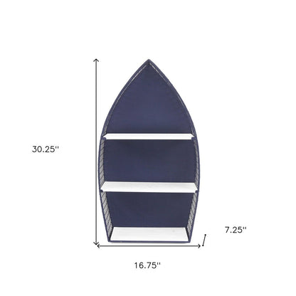 30" Navy Blue And White Metal and Wood Boat Shaped Bookcase HomeRoots