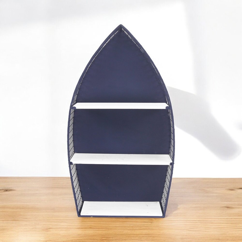 30" Navy Blue And White Metal and Wood Boat Shaped Bookcase — view 6