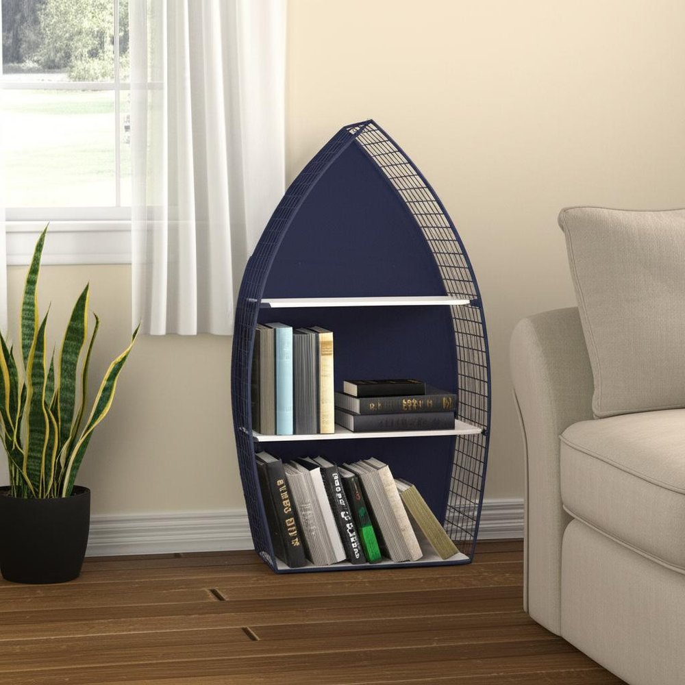 30" Navy Blue And White Metal and Wood Boat Shaped Bookcase — view 9