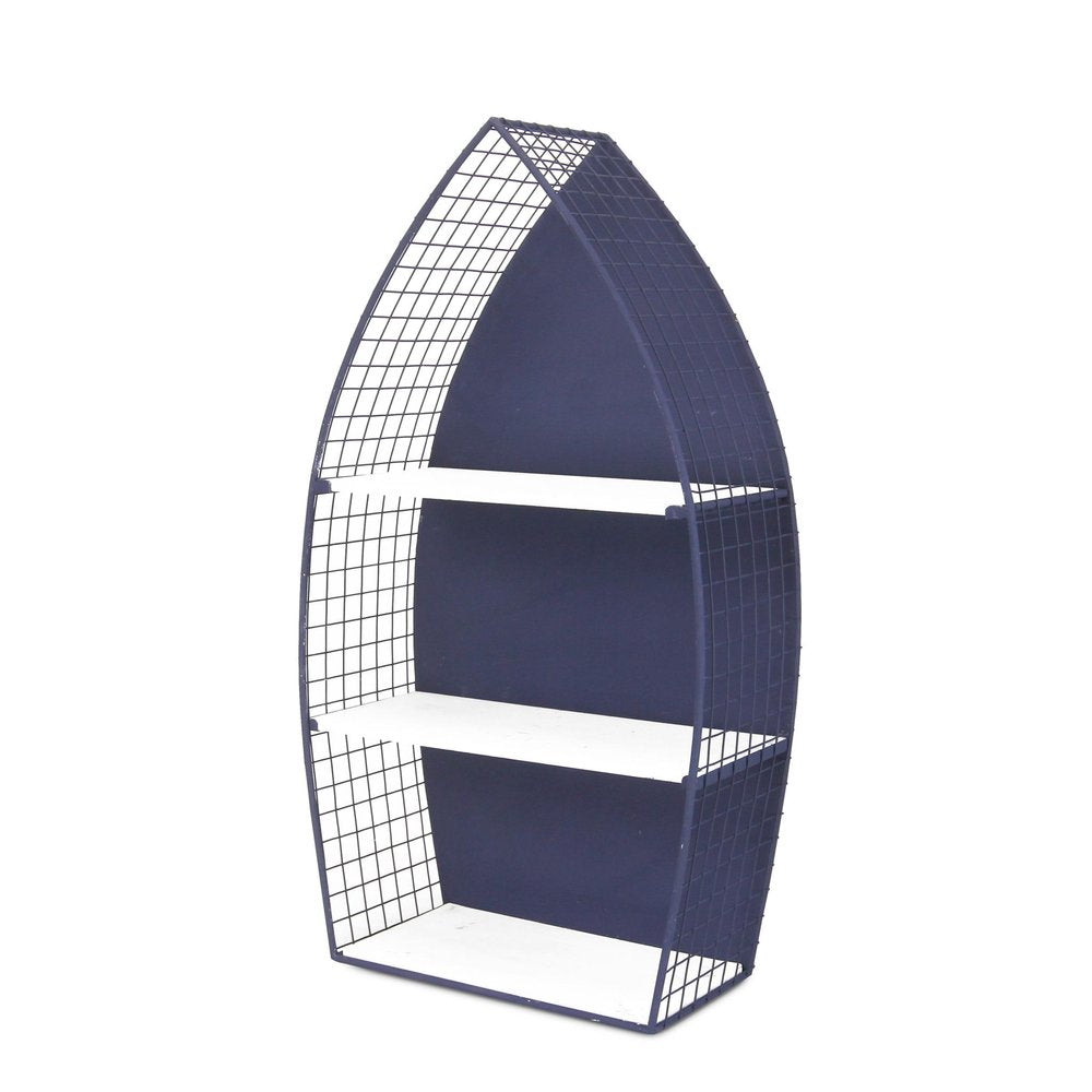 30" Navy Blue And White Metal and Wood Boat Shaped Bookcase HomeRoots