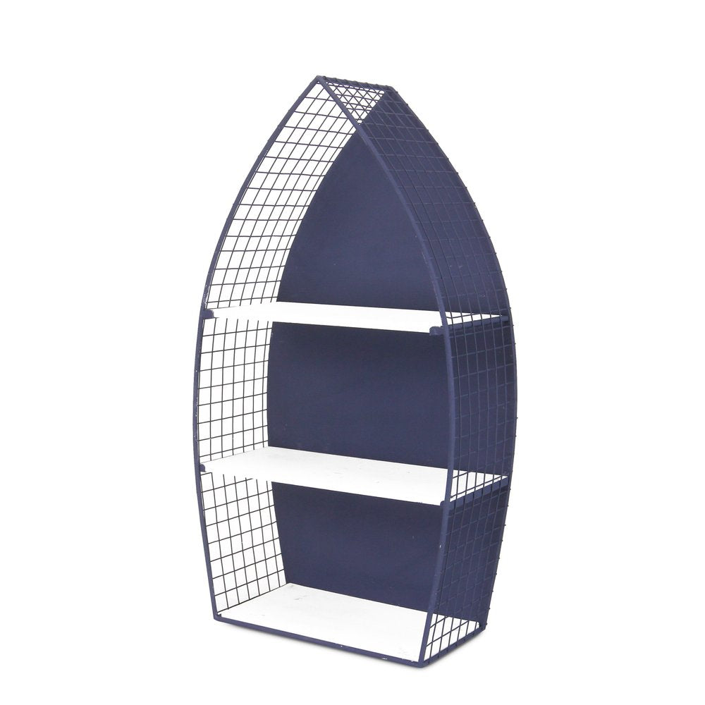 30" Navy Blue And White Metal and Wood Boat Shaped Bookcase HomeRoots