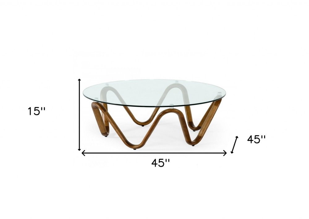 45" Clear and Brown Glass And Solid Wood Round Abstract Coffee Table