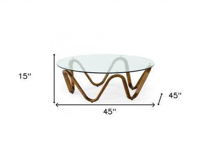 45" Clear and Brown Glass And Solid Wood Round Abstract Coffee Table HomeRoots