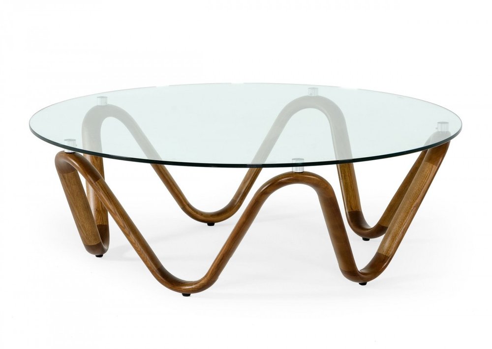 45" Clear and Brown Glass And Solid Wood Round Abstract Coffee Table — view 1