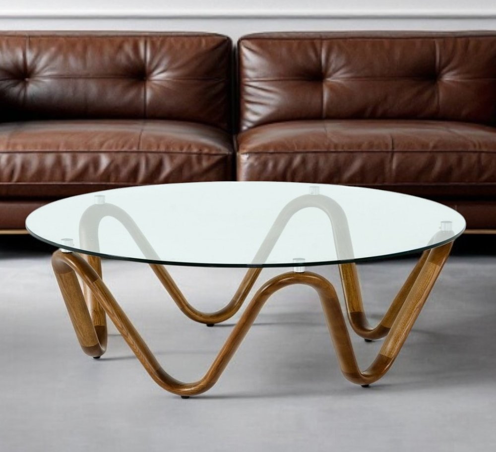 45" Clear and Brown Glass And Solid Wood Round Abstract Coffee Table HomeRoots