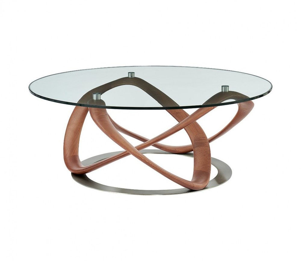 39" Clear and Brown Glass And Solid Wood Round Abstract Coffee Table — view 1