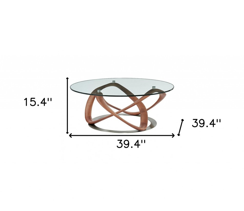 39" Clear and Brown Glass And Solid Wood Round Abstract Coffee Table HomeRoots