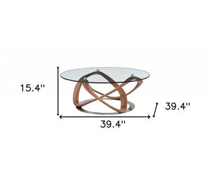 39" Clear and Brown Glass And Solid Wood Round Abstract Coffee Table HomeRoots