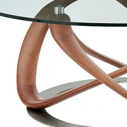 39" Clear and Brown Glass And Solid Wood Round Abstract Coffee Table HomeRoots
