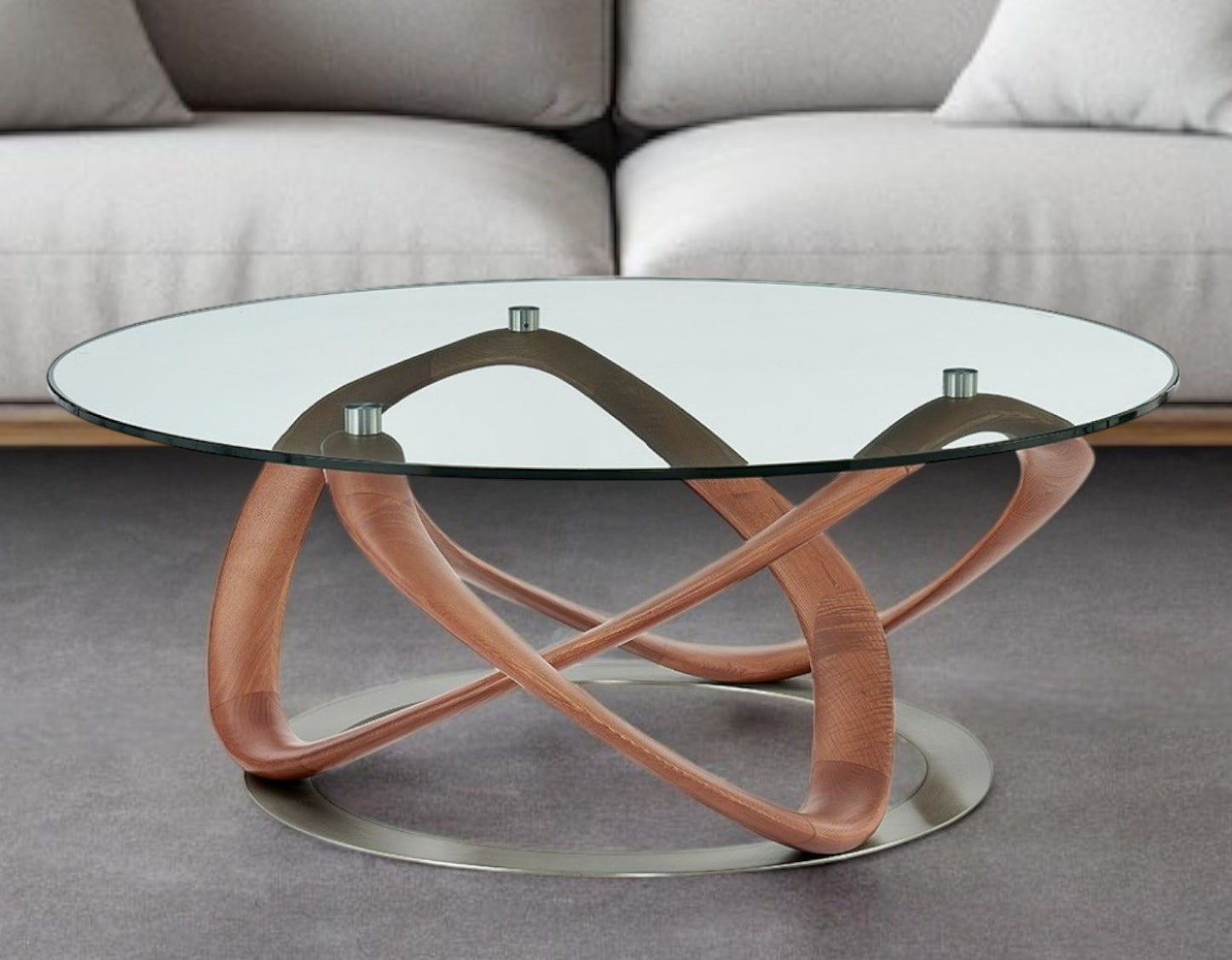 39" Clear And Brown Glass And Solid Wood Round Coffee Table