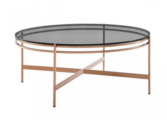 35" Gray and Gold Glass And Stainless Steel Round Coffee Table HomeRoots