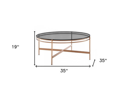 35" Gray and Gold Glass And Stainless Steel Round Coffee Table HomeRoots