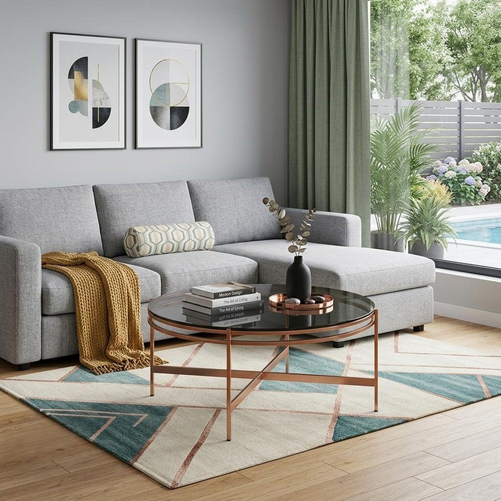 35" Gray and Gold Glass And Stainless Steel Round Coffee Table HomeRoots