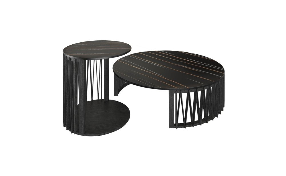 Set of Two Black Faux Marble And Solid Wood Round Abstract Nested Coffee Tables HomeRoots
