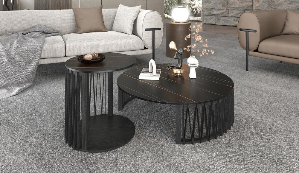 Set of Two Black Faux Marble And Solid Wood Round Abstract Nested Coffee Tables HomeRoots