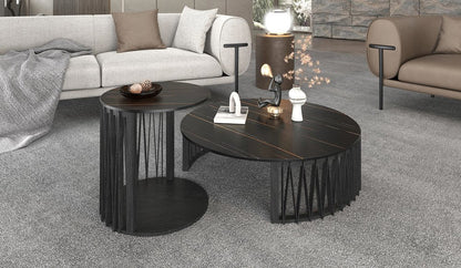 Set of Two Black Faux Marble And Solid Wood Round Abstract Nested Coffee Tables HomeRoots
