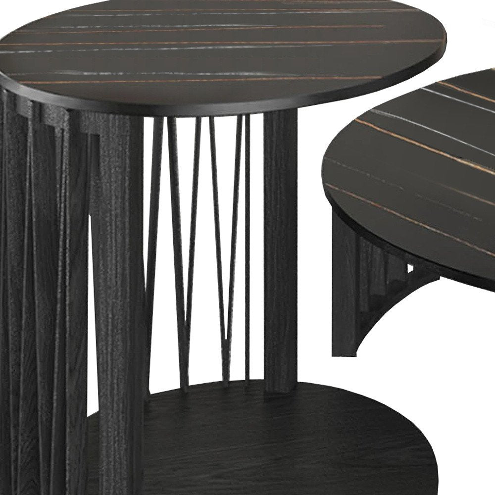 Set of Two Black Faux Marble And Solid Wood Round Abstract Nested Coffee Tables HomeRoots