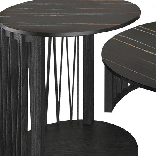 Set of Two Black Faux Marble And Solid Wood Round Abstract Nested Coffee Tables HomeRoots