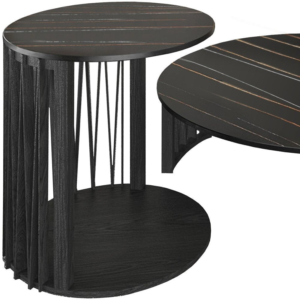 Set of Two Black Faux Marble And Solid Wood Round Abstract Nested Coffee Tables HomeRoots