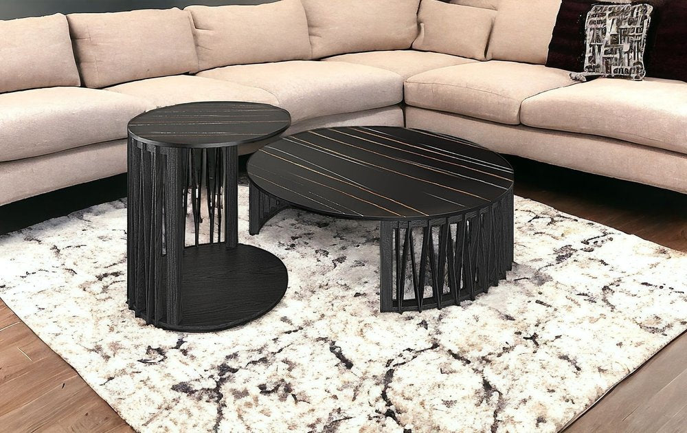 Set of Two Black Faux Marble And Solid Wood Round Abstract Nested Coffee Tables HomeRoots