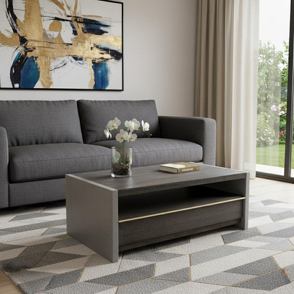 47" Brown and Dark Gray Solid Wood And Concrete Block Coffee Table With Drawer And Shelf HomeRoots