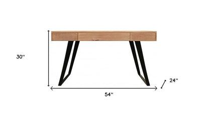 54" Natural and Black Solid Wood Writing Desk With Three Drawers HomeRoots